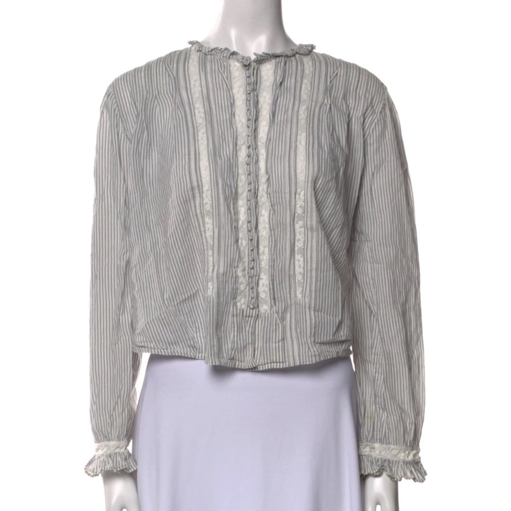 Doen Striped l Lace Ruffle-Trim Blouse in Gray and White 💎